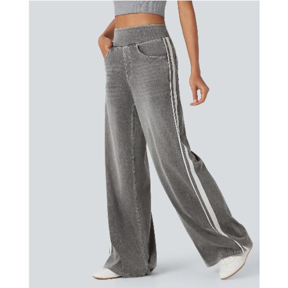 Halara Flex Gray Denim Wide-Leg Jeans NWOT S High-Waisted Side Stripe Athleisure